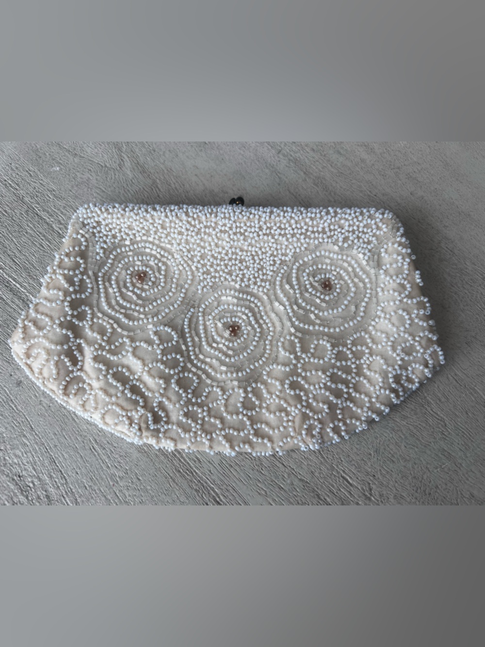 Vintage Walborg Hand Made Belgium Off White Beaded Clutch Hand Bag Gold Clasp